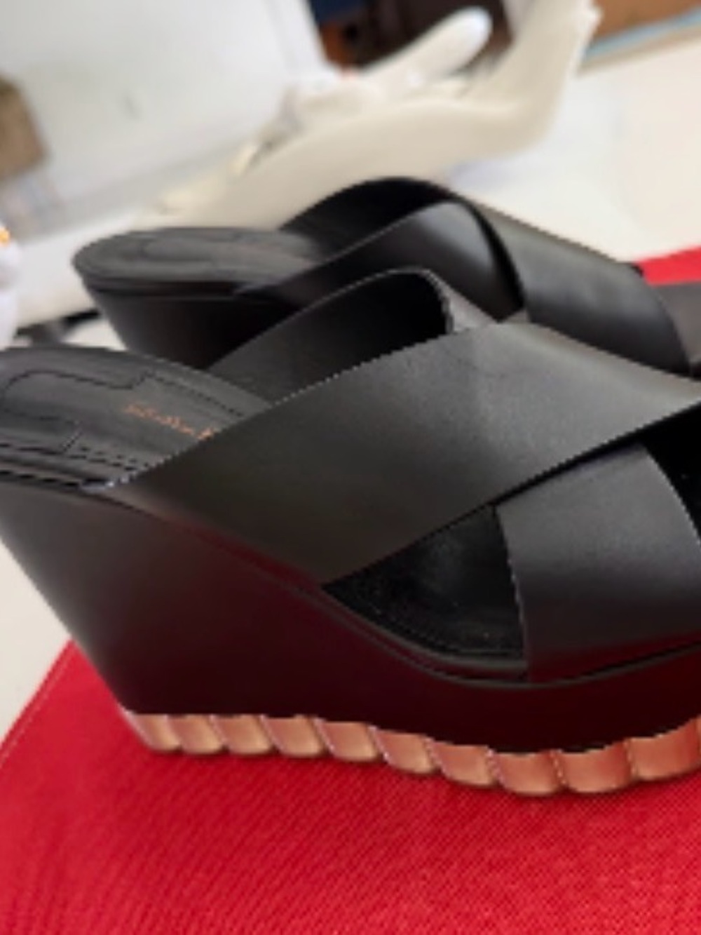 Salvatore Ferragamo Black Leather Platform Wedge Sandals Size 7.5 Italy